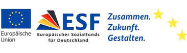 Logo des Europäischen Sozialfonds (ESF) mit dem Slogan "Zusammen. Zukunft. Gestalten." und einem EU-Emblem.