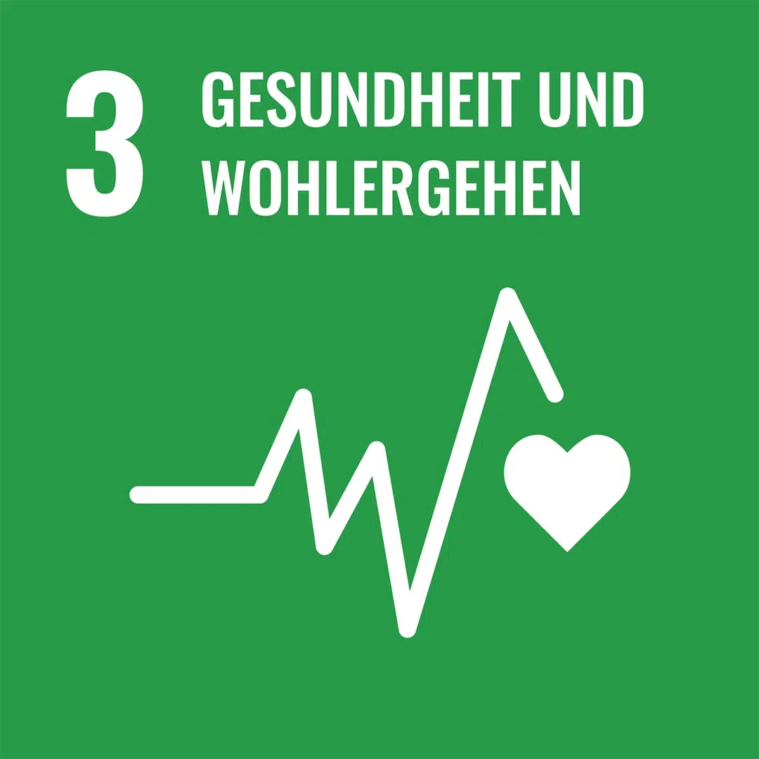 Grünes Icon zu SDG 3 ‚Gesundheit und Wohlergehen‘ mit Herz und Pulslinie.