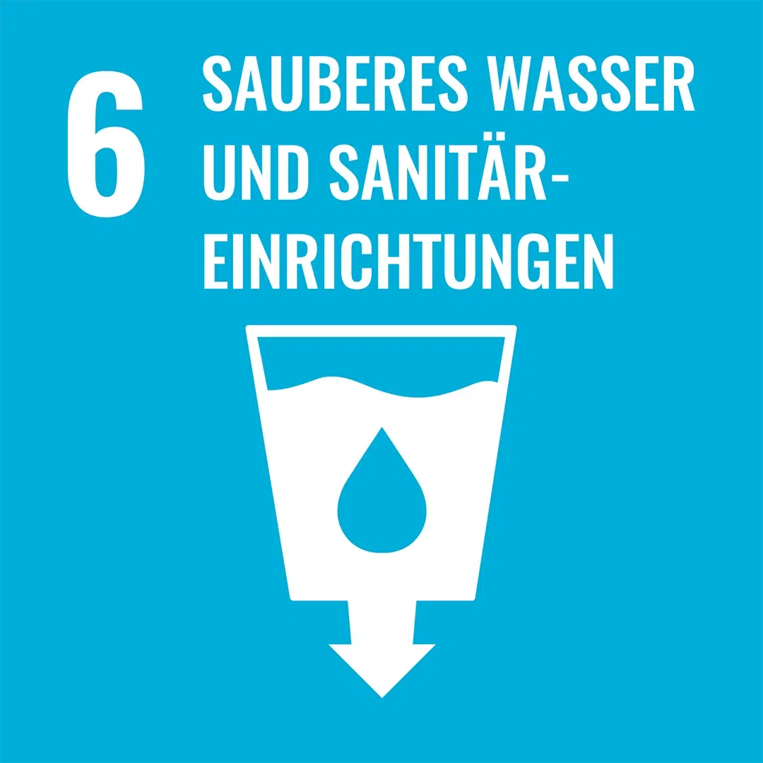 Blaues Icon zu SDG 6 ‚Sauberes Wasser und Sanitärversorgung‘ mit Glas und Tropfen.
