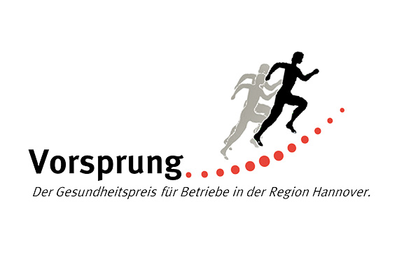Logo des Gesundheitspreises „Vorsprung“ für Unternehmen in der Region Hannover, mit stilisierten Läufern und Text.